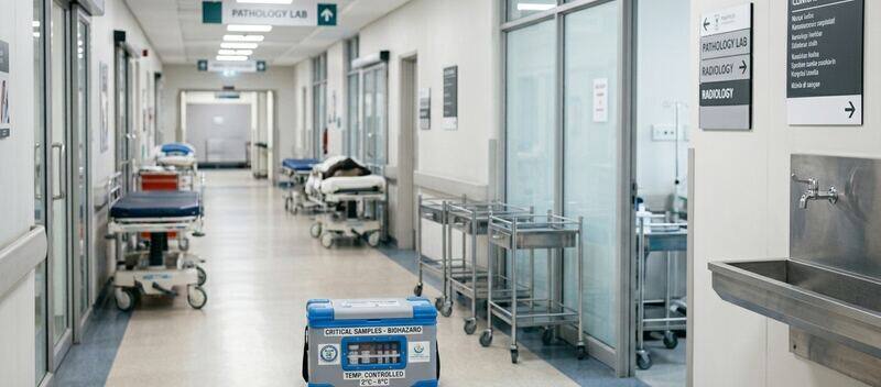 Hospital corridor with a temperature-controlled biohazard sample case outside the pathology lab