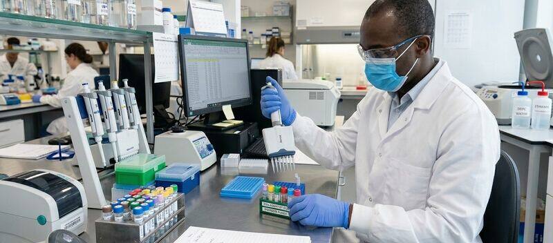 Lab technician preparing sample vials and pipettes at a laboratory bench