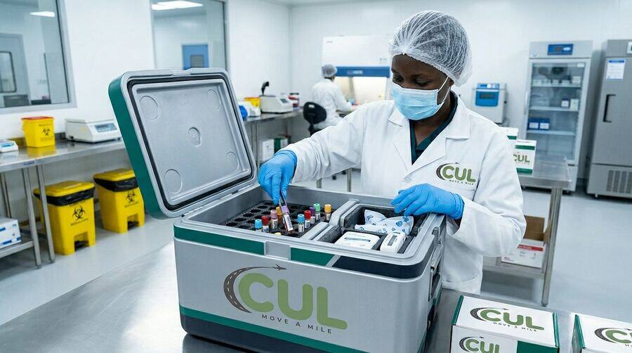 CUL technician in a cleanroom packing biological sample vials into a branded transport case