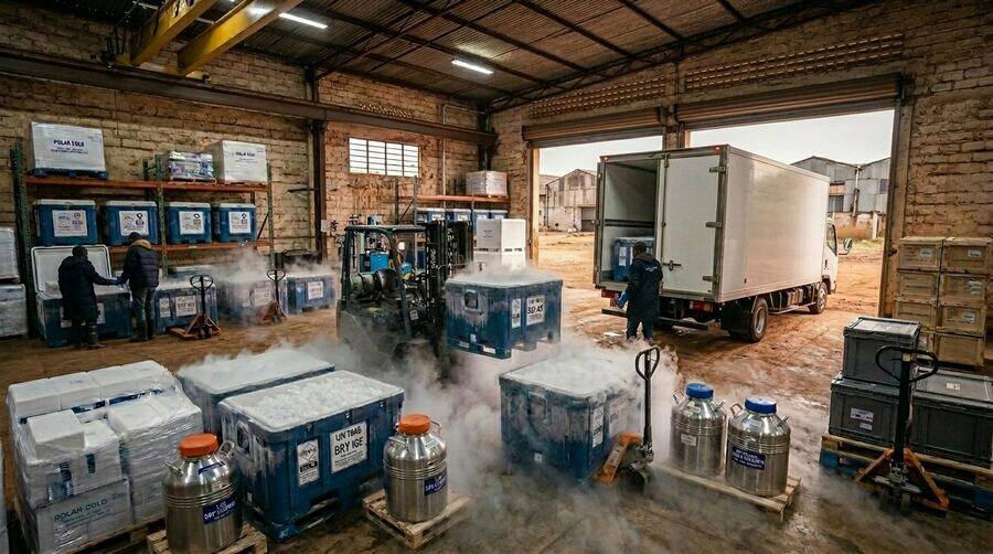 Dry ice shipment staged with cryogenic canisters and insulated containers in a cold-chain warehouse