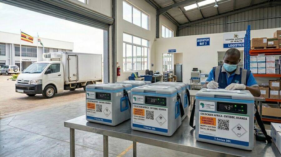 Insulated cold-chain containers with digital temperature displays staged for dispatch
